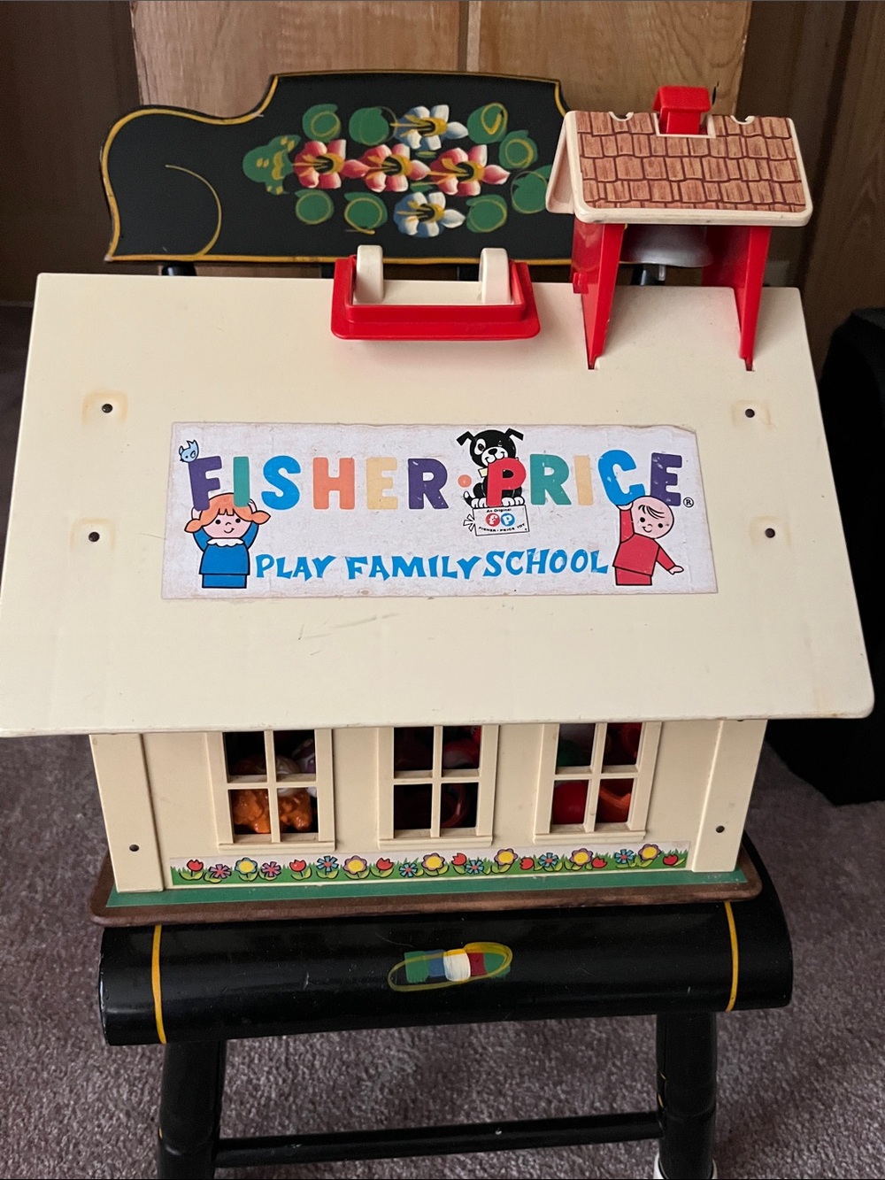 Vintage 1970s Fisher-Price play family school with toys inside!